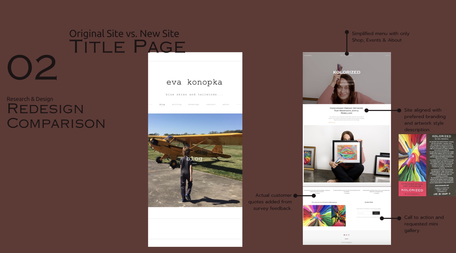 Before and after comparison of Eva's homepage