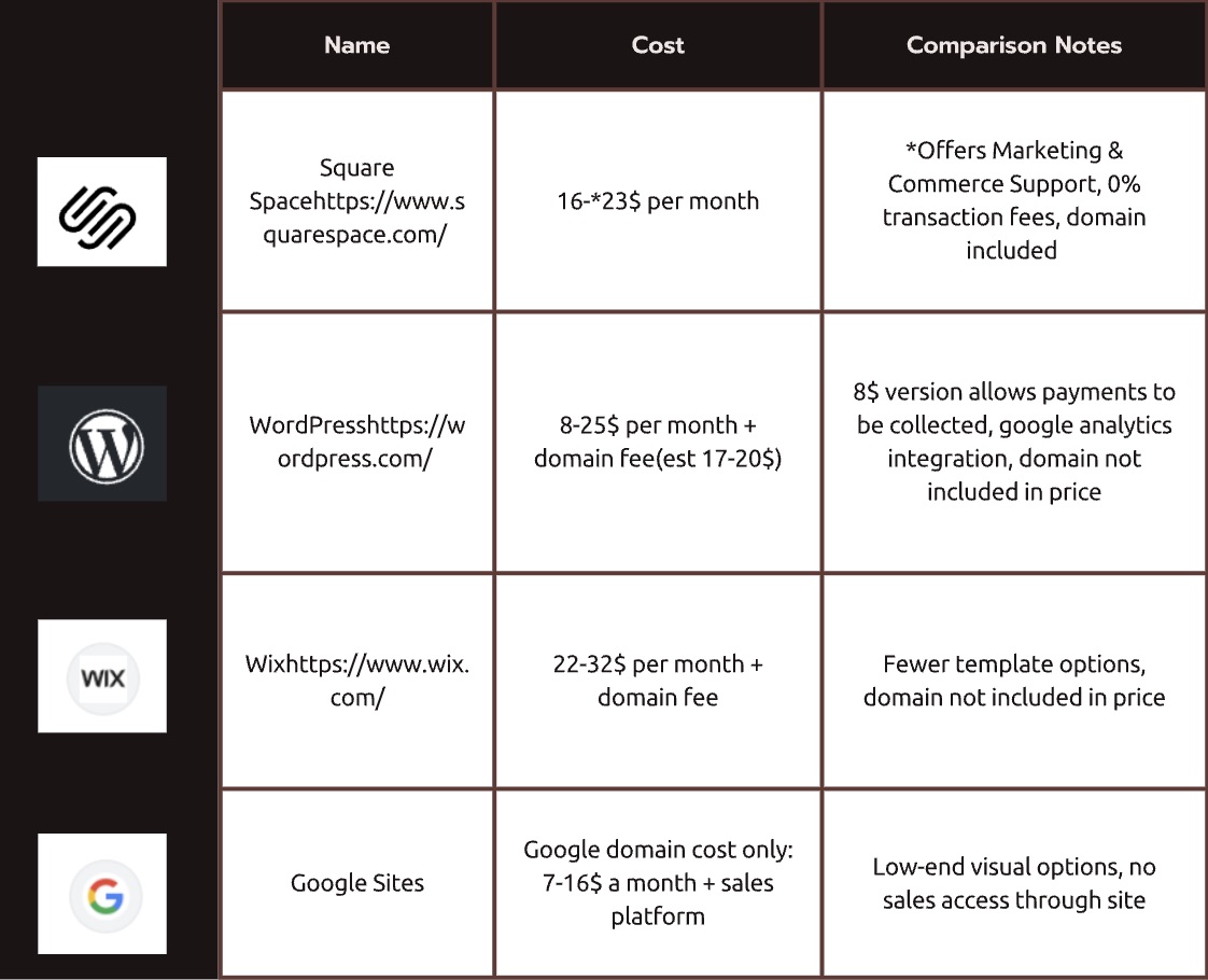 Secondary research findings including website platform comparisons