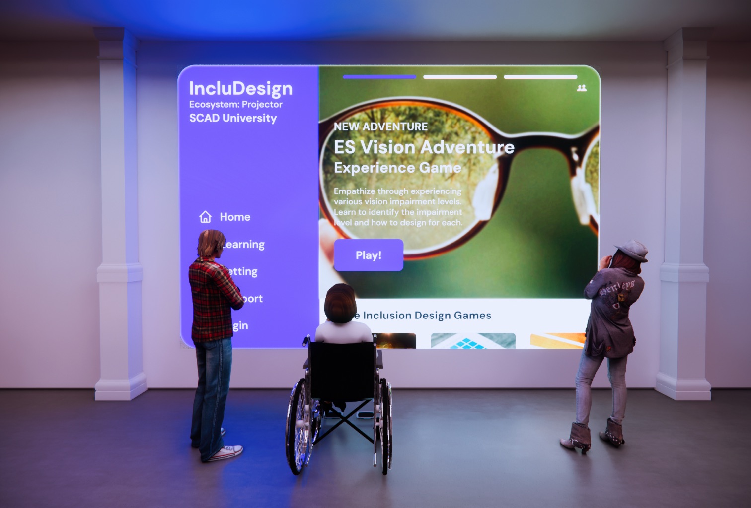 Three people, including one in a wheelchair, playing the IncluDesign projector game in a university space