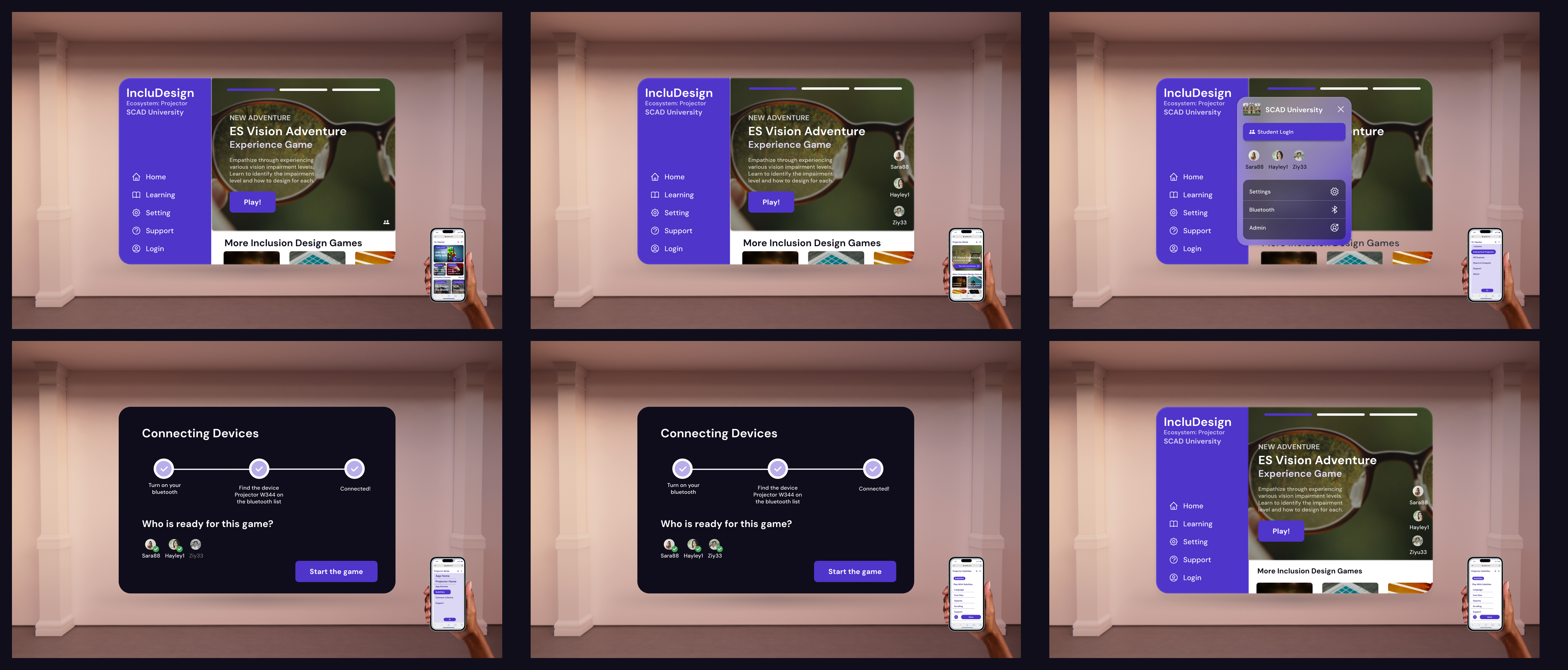 Login screens showing projector interface alongside matching web-app mobile controller