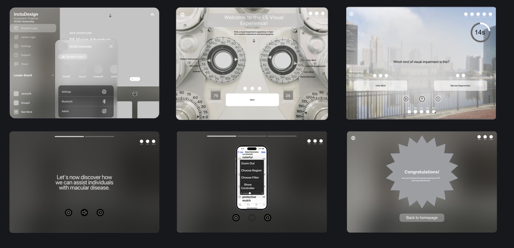 Six mid-fidelity wireframe screens of the projector game interface