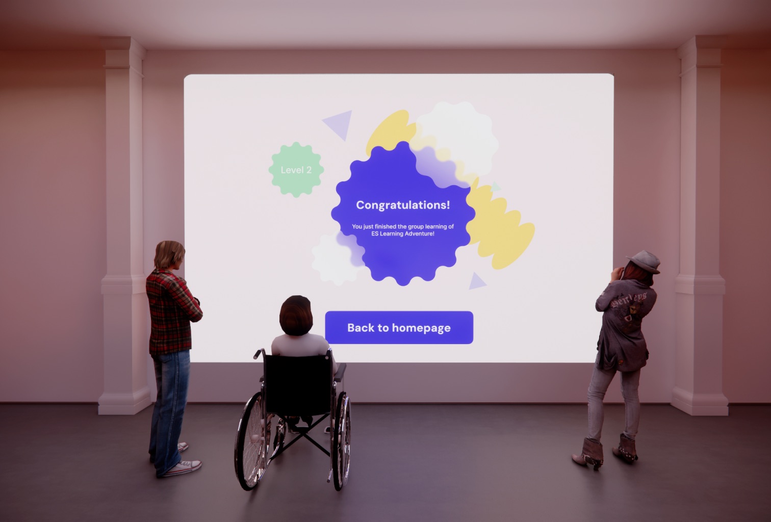 Architectural rendering showing three students, including one in a wheelchair, using the IncluDesign projector game