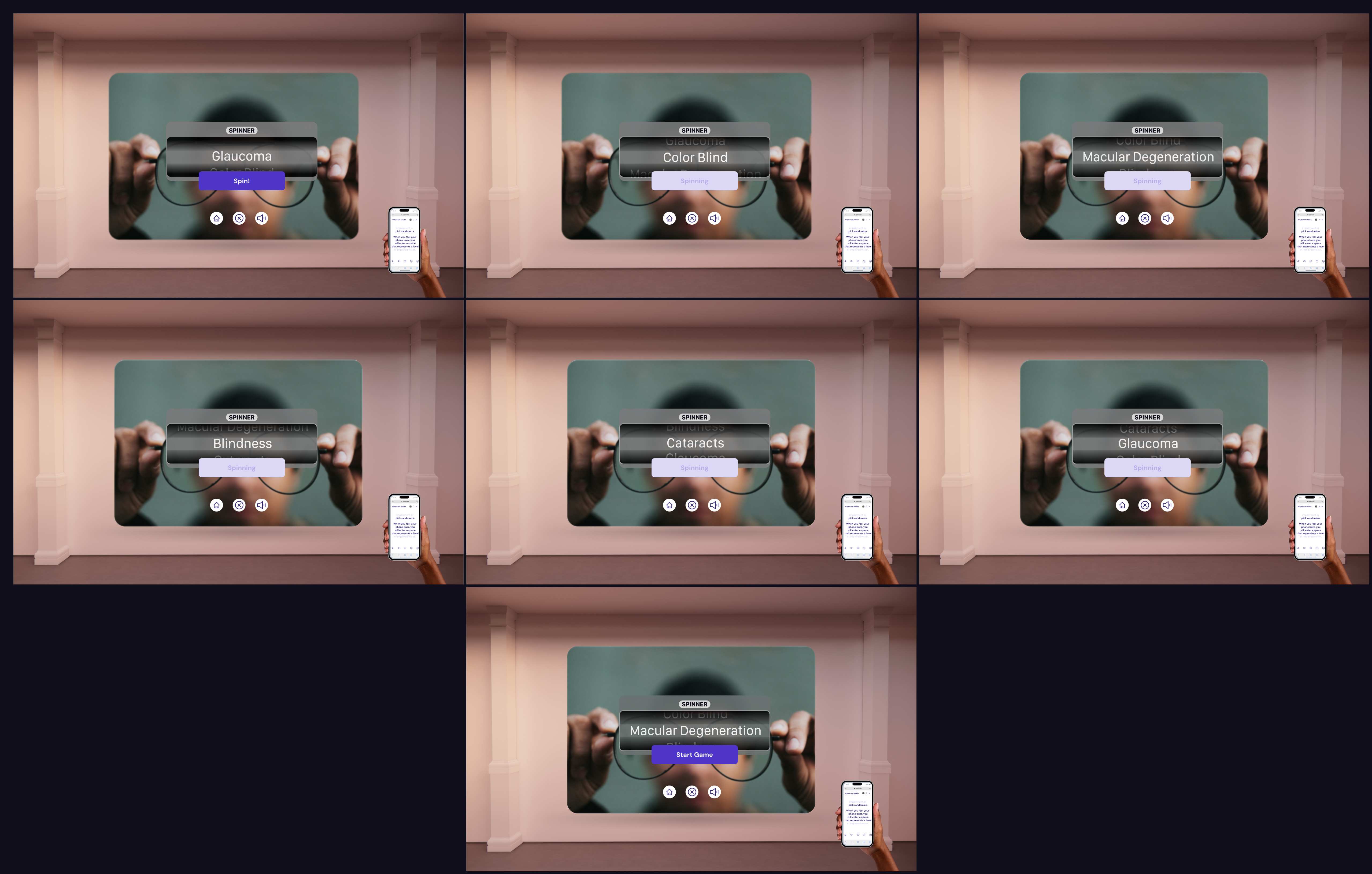 Seven projector screens showing a spinner landing on different visual impairments including glaucoma, color blindness, and cataracts