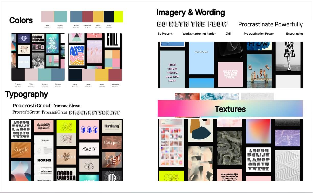 Moodboard with sections for Colors, Typography, Imagery and Wording, and Textures — pastels and motivational phrases