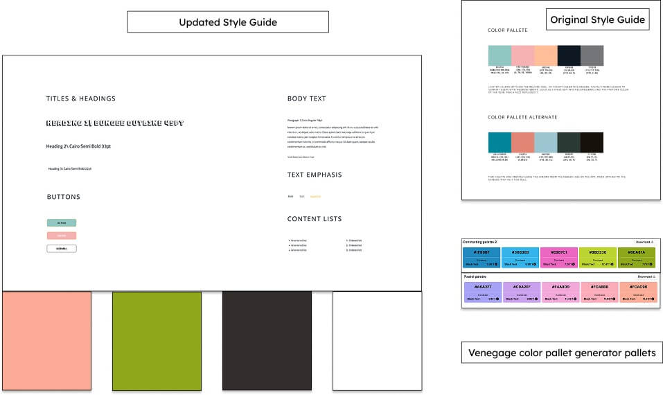 Style guide showing updated color palettes, typography choices, and button styles in pastel green, pink, and white