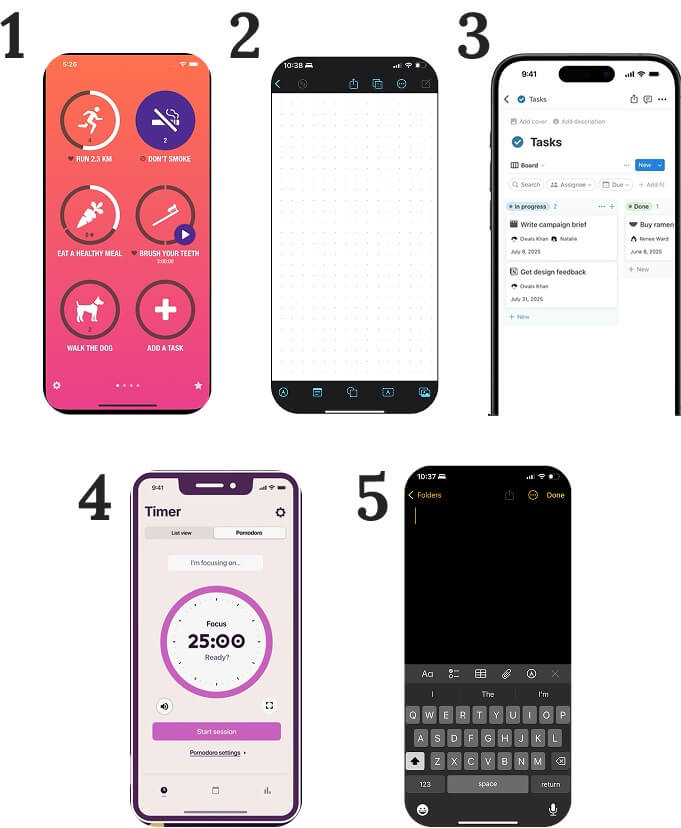 Four smartphones showing competitor apps: habit tracker, Apple Freeform, Notion Kanban, and Toggl Pomodoro timer