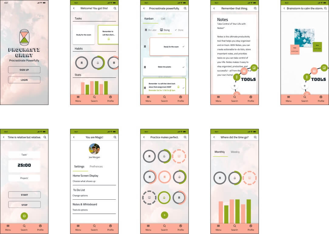 High-fidelity ProcrastiGreat mobile app screens — original version