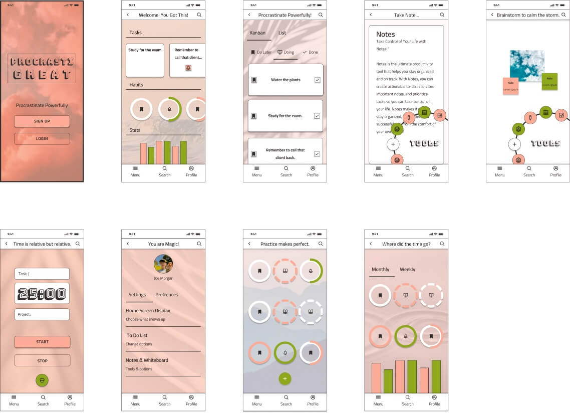 Final high-fidelity ProcrastiGreat screens — updated with higher contrast type and color