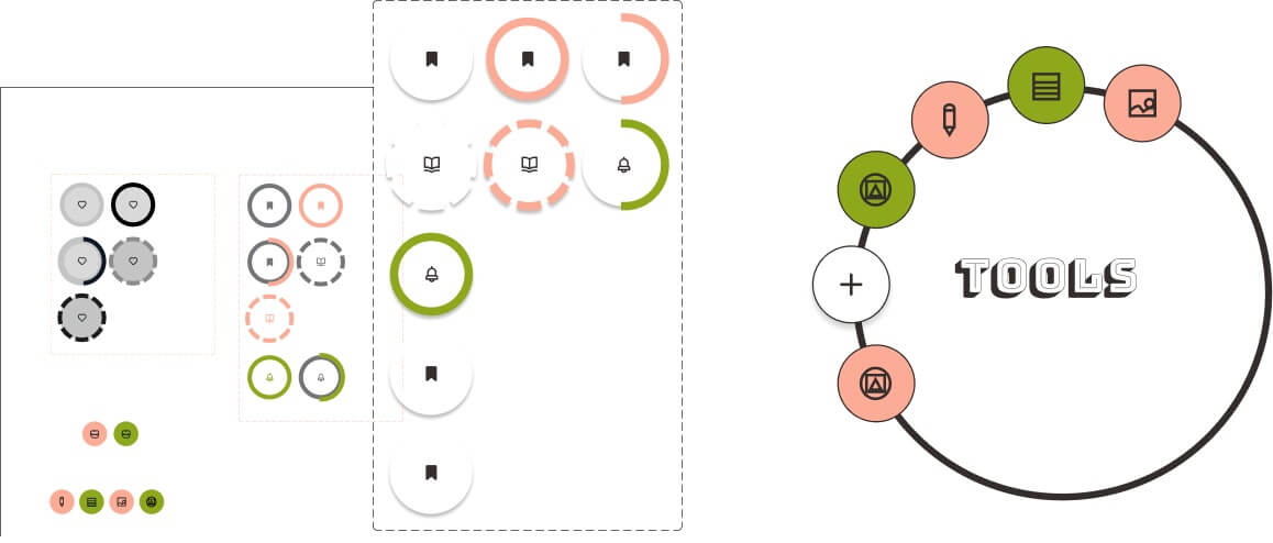 Icon exploration: circular buttons with heart, bookmark, bell, checklist, calendar, photo, and camera icons in pastel tones