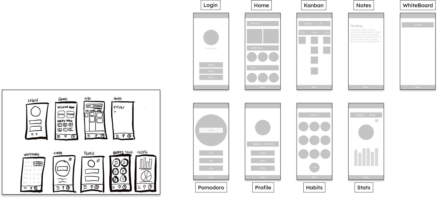 Side-by-side: hand-drawn sketches of 10 mobile screens alongside digital wireframes of 9 refined screens