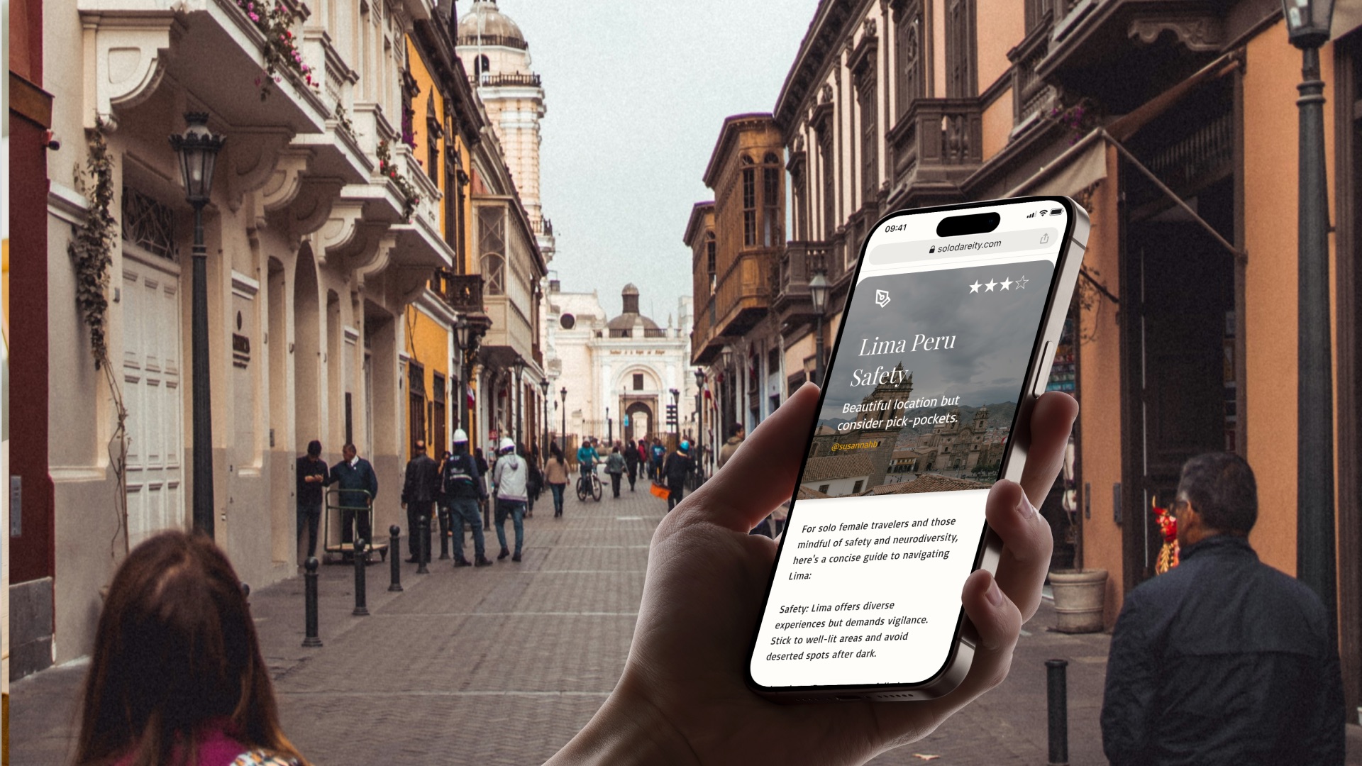 Safety review screen mock-up showing a traveler using the app on a street