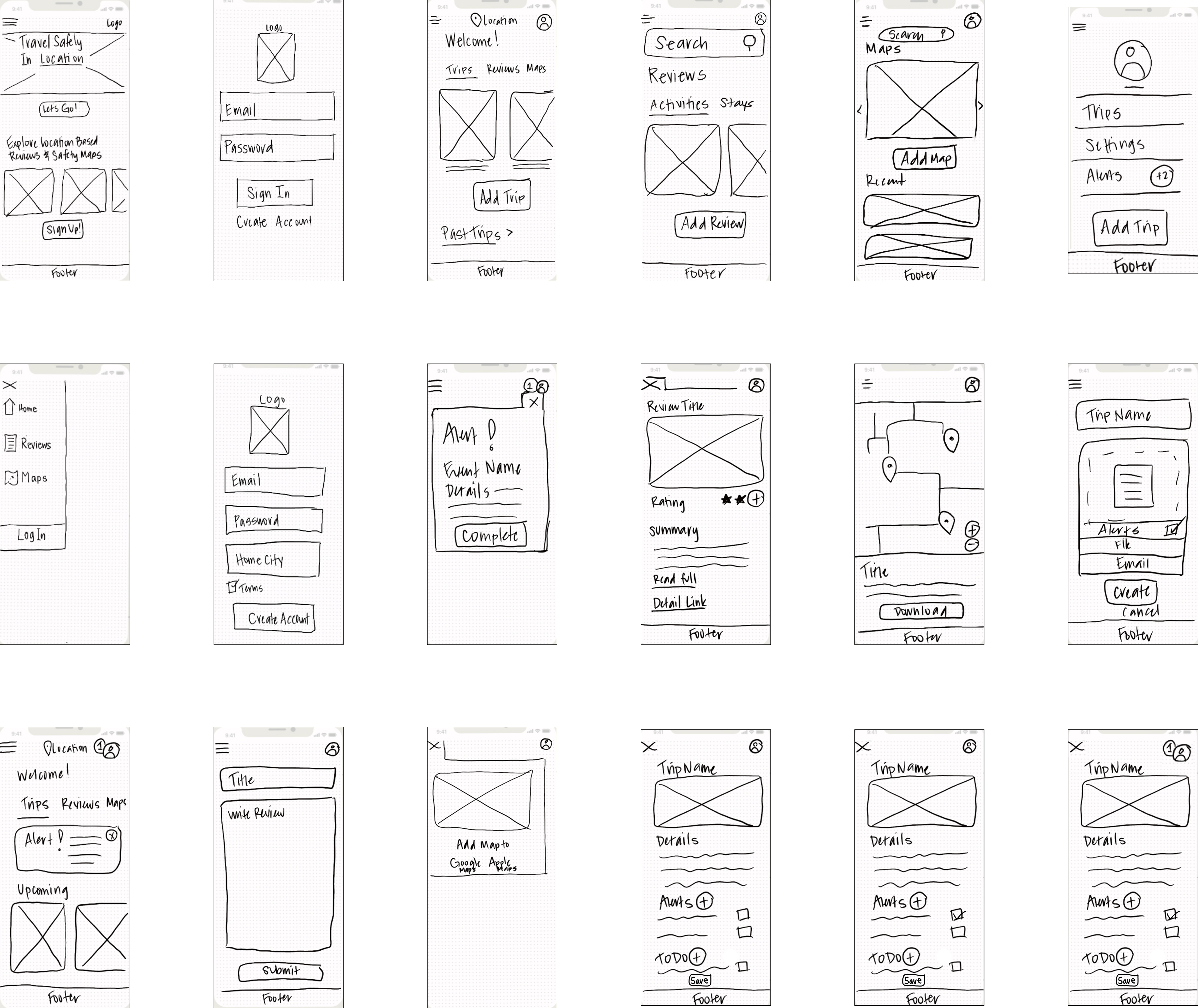 Low-fidelity wireframe sketches showing multiple mobile app screen layouts — welcome screens, review sections, map features, and user profile pages