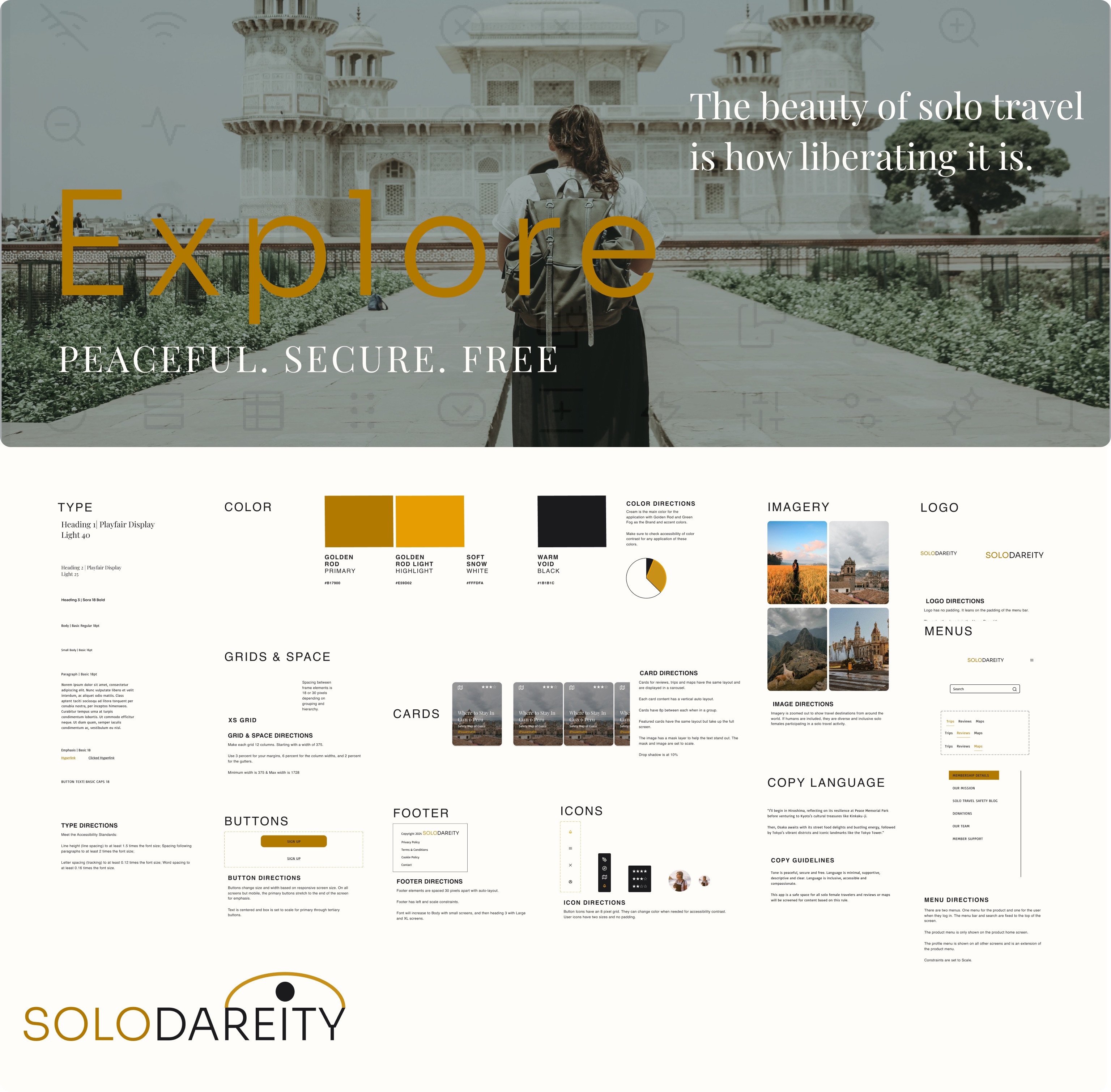 Calming style guide showing color palette, typography, and UI components