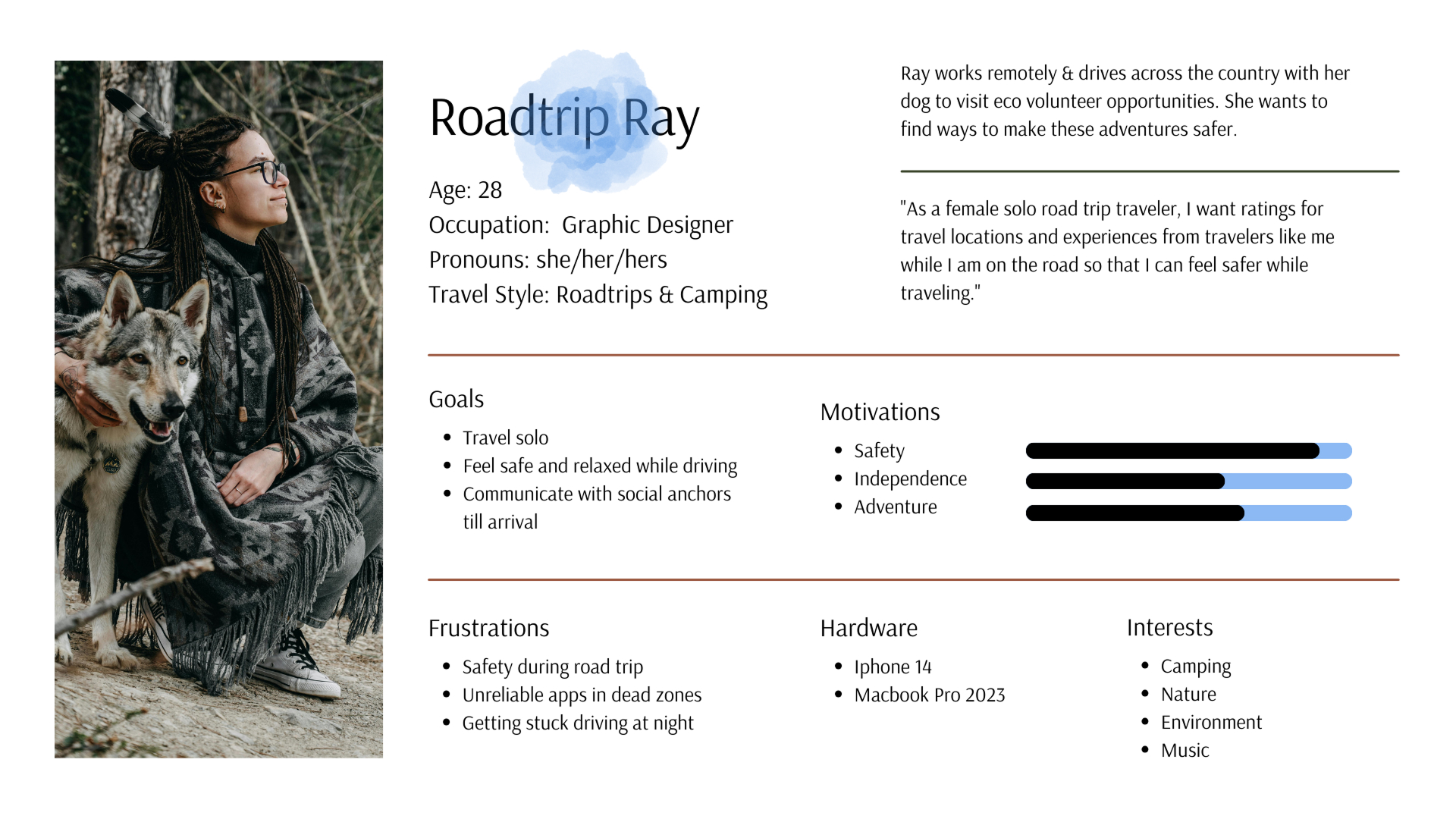 User persona for Road Trip Ray — prefers road trips, values offline maps and local safety recommendations